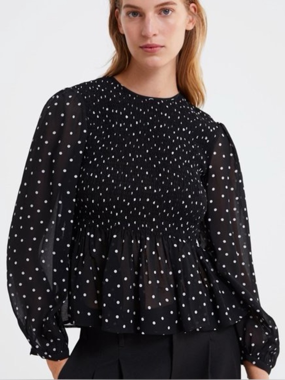 Zara Black Polka Dot Smocked Peplum Blouse - Women's Top size medium